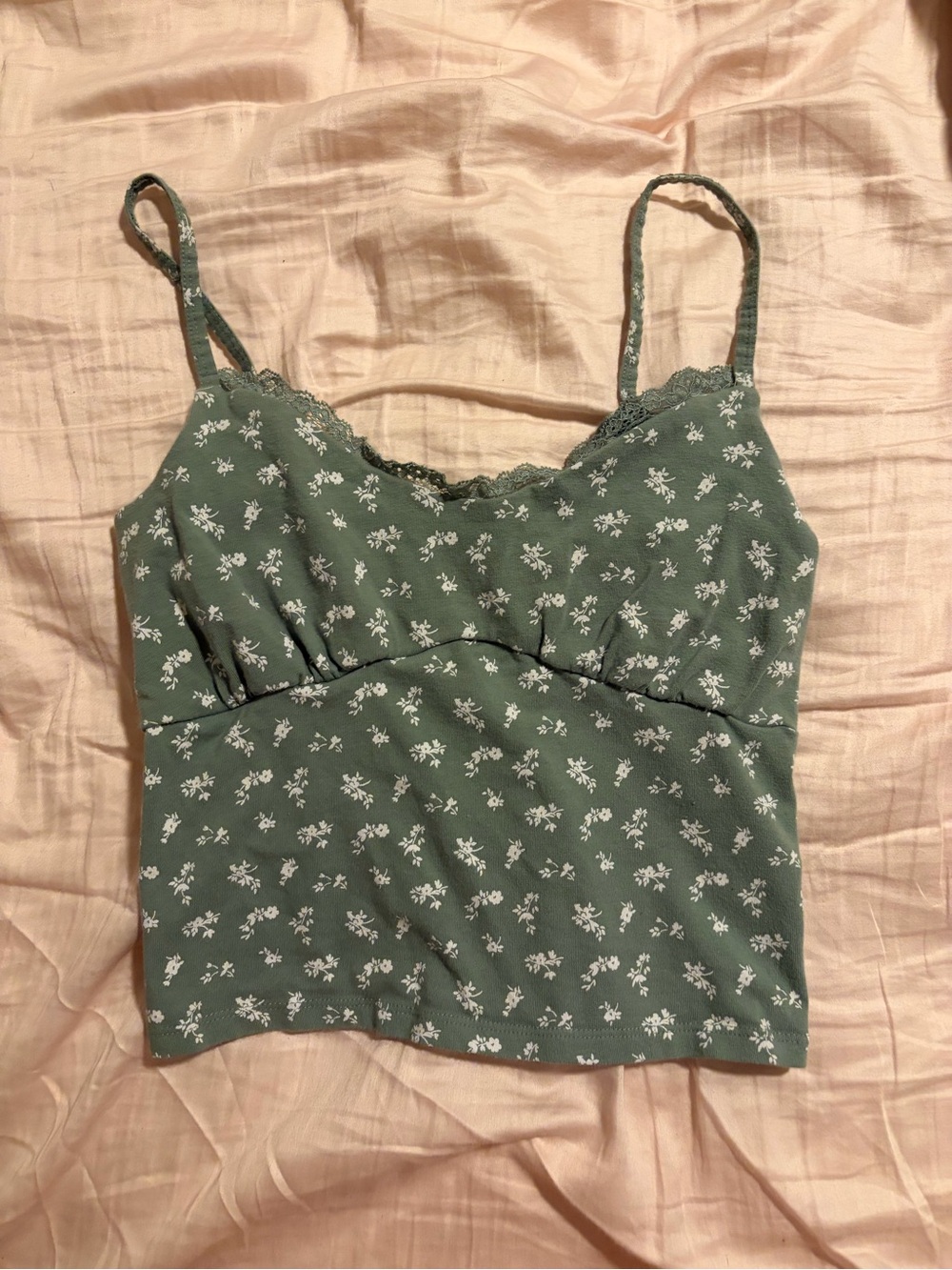 Hollister Olive Green Floral Lace-Trim Cami Tank